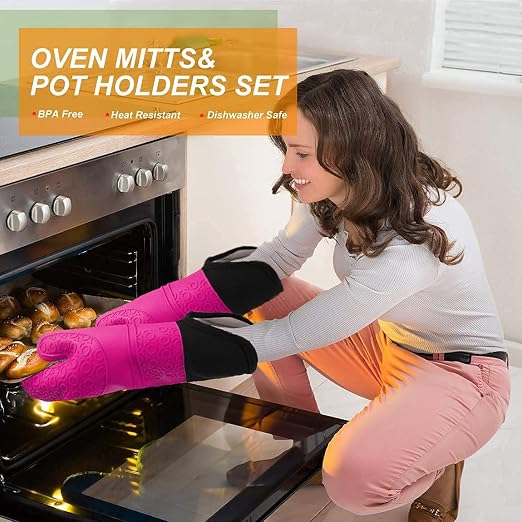 6pcs Silicone Oven Mitts and Pot Holders Sets for Kitchen, Rose | 500°F heat resistant, cotton lining, honeycomb non-slip texture, 15-inch forearm protection, baking cooking gloves