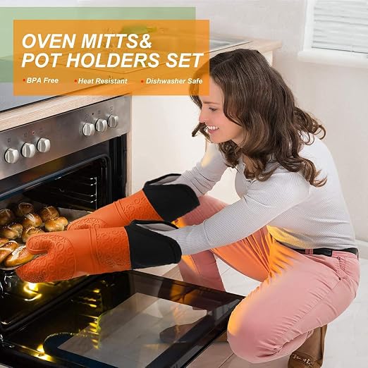 6pcs Silicone Oven Mitts and Pot Holders Sets for Kitchen, Orange | 500°F heat resistant, cotton lining, honeycomb non-slip texture, 15-inch forearm protection, baking cooking gloves