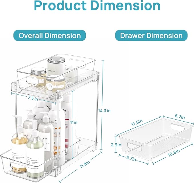 Vtopmart 2 Pack Taller Pull Out Bathroom Under Sink Organizer (S-Higher) | Slide-out drawers, Multi-purpose storage, Clear visibility, Easy Set-up