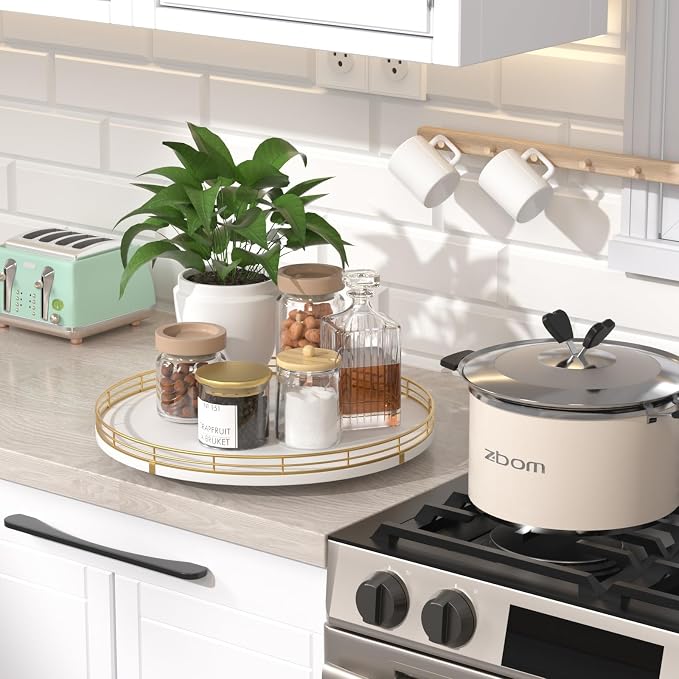 Oroyutor 13-Inch White and Gold Wooden Lazy Susan Spice Organizer | Rotating oak tray organizes spices, toiletries and decor on kitchen counters, bathroom vanities, dining and coffee tables.