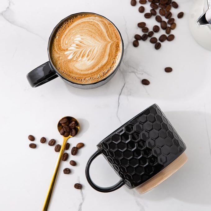 GBhome 12 OZ Stackable Coffee Mugs Set of 6, Ceramic Black Coffee Cups Set | 3 Assorted Designs, Embossed Mugs with Texture Patterns for Tea/Latte/Cappuccino, Dishwasher&Microwave Safe