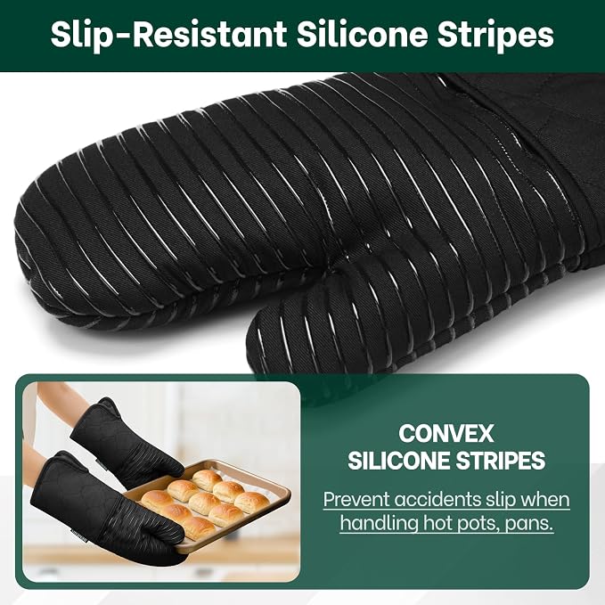Beneno Heat Resistant 500°F Kitchen Oven Mitts 2-Pack, 7.5"x14.3", Black | Textured Non-Slip Silicone Grip, Extra Long Forearm Protection, Soft Quilted Cotton Terry Lining, Ideal for Baking & Grilling