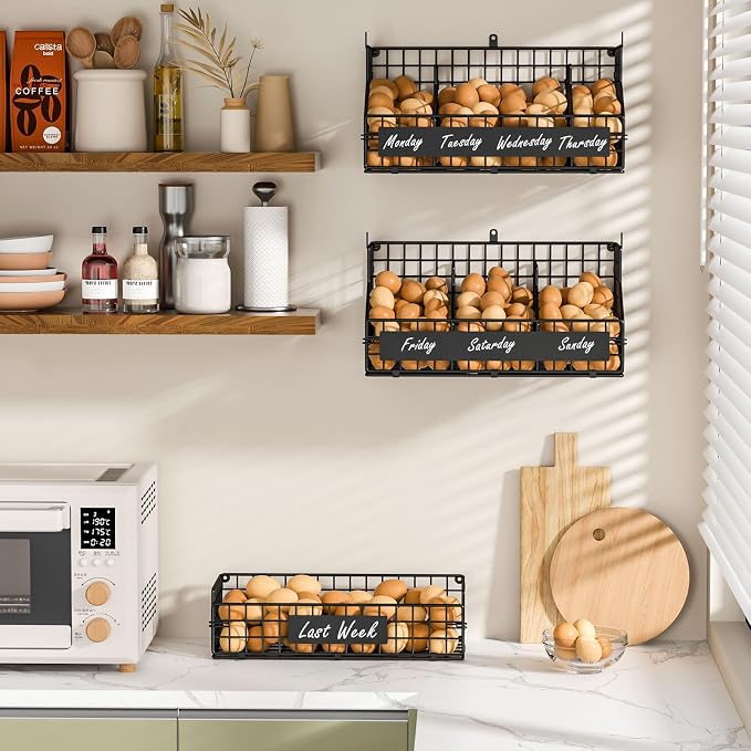 Egg Holder Countertop with 5 Dividers & DIY Nameplate to Separate Eggs | 3 Tier Stackable Wire Storage Baskets for Gathering Fresh Eggs, XXL Large Egg Rack, Wall-Mounted (Patent Pending)