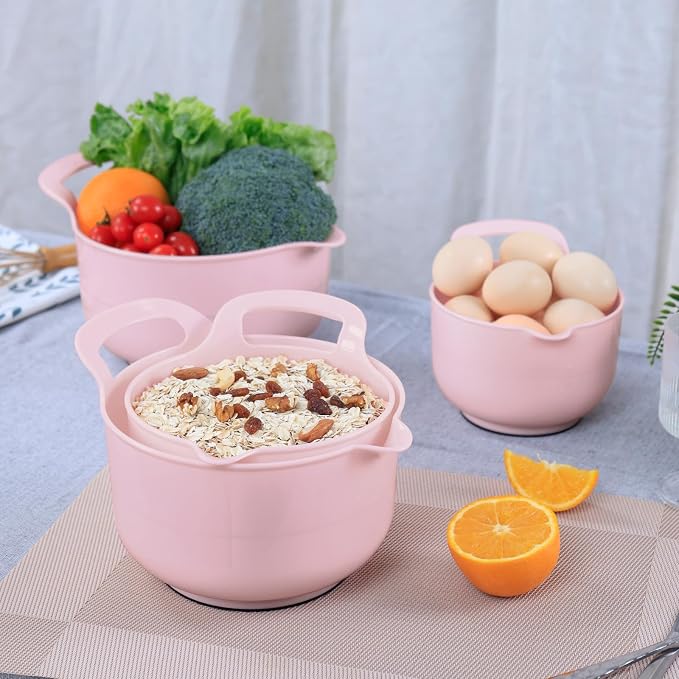 BoxedHome 4 Pack Nesting Mixing Bowl with Pour Spout and Handle, BPA free Microwave & Dishwasher Safe(Pink, 4 Pack with Handle)