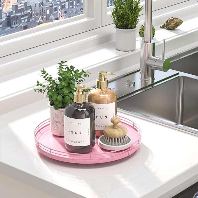 Oroyutor 12-Inch Oak Lazy Susan Vanity Tray, Pink Finish | Rotating oak tray organizes spices, toiletries and decor on kitchen counters, bathroom vanities, dining and coffee tables.