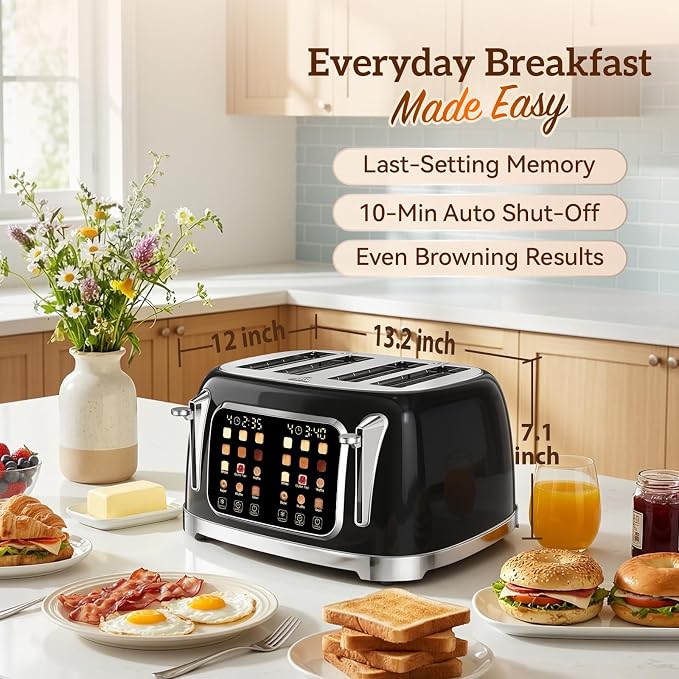 RONGBEST Retro Toaster 4 Slice with Stainless Steel Wide Slot Touch Screen for Family Breakfast, 6 Browning Levels for Bagel & Bread, Reheat & Defrost, Removable Crumb Tray, Jet Black