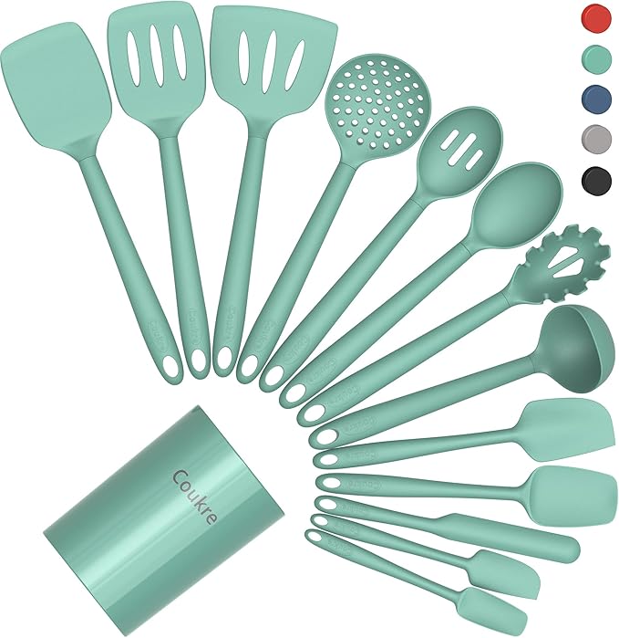 Coukre Silicone Kitchen Cooking Utensils Set, Heat Resistant, 14-Piece | Dishwasher-Safe, Food-Grade Silicone, BPA-Free, Spatulas, Spoons & Turner, Safe for Nonstick Cookware, PureAquaGreen