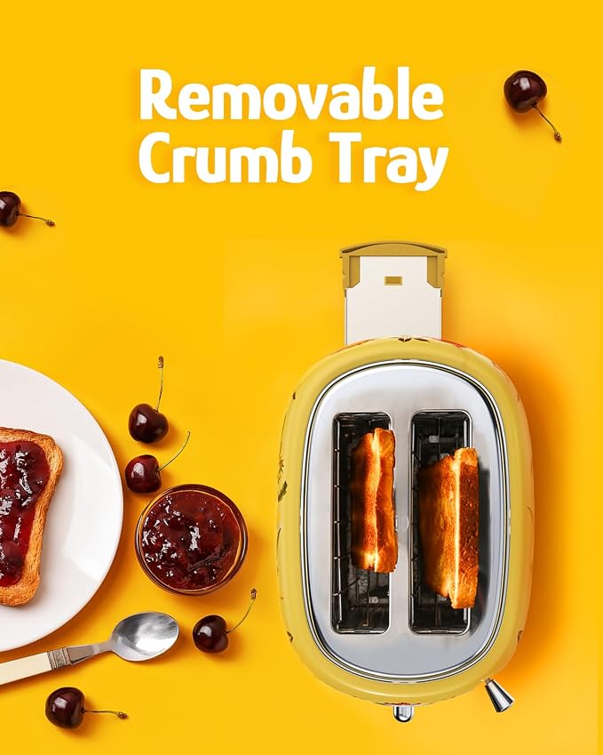 Hazel Quinn X Eduardo Recife 2-Slice Retro Toaster 6 Browning Levels Floral | 3 Functions-Defrost/Reheat/Cancel, Removable Crumb Tray for Easy to Clean 1.5 Inches Extra Wide Slots, Toast Bagels Breakfast