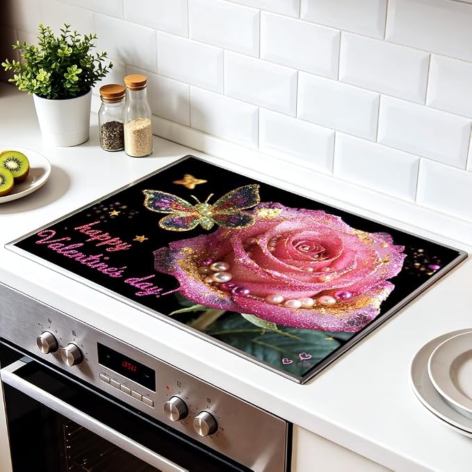 Valentine Rose Stove Top Cover 28.35x20.47 in Non Slip Mat | Heat Resistant Cooktop Protector Mat with Non-Slip Backing, Scratch Protection and Countertop Drying Mat.
