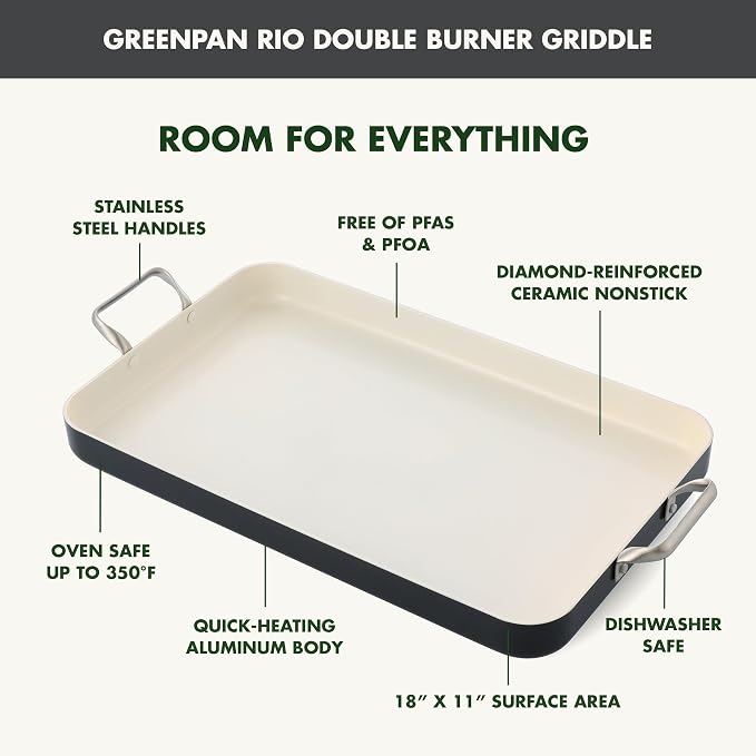 GreenPan 18" x 11" Double Burner Griddle Pan, Hard Anodized Healthy Ceramic Nonstick PFAS-Free, Stainless Steel Handles, Stovetop Cooking, Dishwasher Safe, Oven & Broiler Safe Cookware, Black