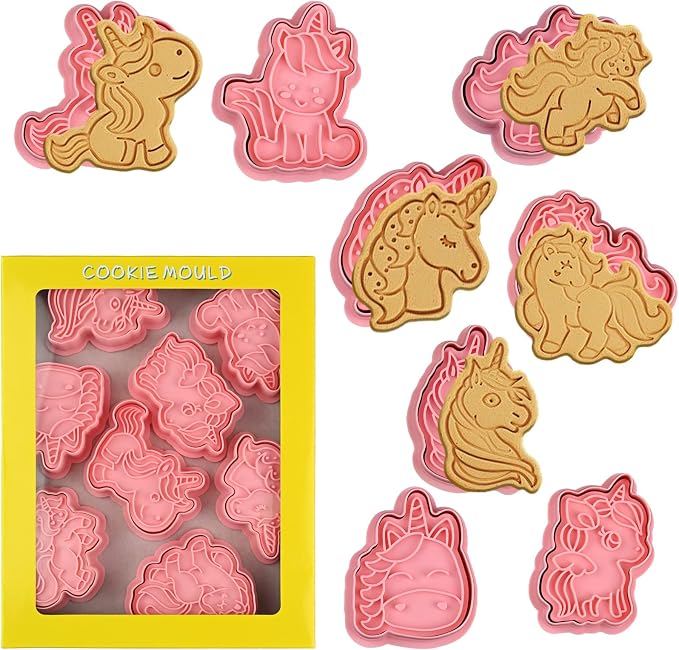 8 Piece Unicorn Cookie Cutters With Plunger Stamps Set, Biscuit Molds | Different Shapes Unicorn Shape Embossing Cookie Stamp With Unicorn Head For Biscuit Fondant Cheese Baking