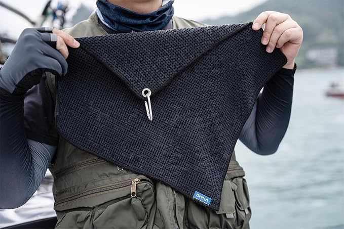 Microfiber Fishing Towels with Clip, Waffle Pattern for Effective Cleaning of Fishing Gears or Dirty Hands, 16” x 16”, Camping Towels, Hiking Towels, Pack of 3 (Black/Grey/Blue)