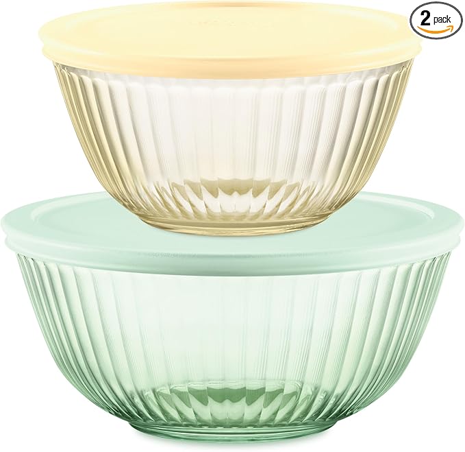 Pyrex Colors (2-Pack) Sculpted Tinted Small/Medium Glass Mixing Bowls | 1.3QT & 2.3QT nesting bowls with plastic lids, for prepping & baking