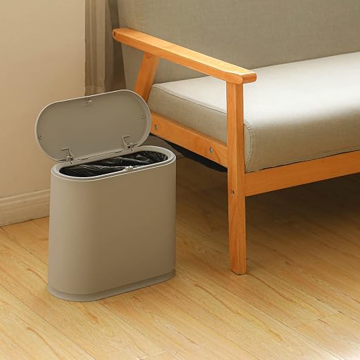 Sooyee 10 Liter Rectangular Slim Plastic Trash Can, Gray | Press Type Lid, 2.4 Gallon, Wastebasket, For Bathroom, Powder Room, Bedroom, Kitchen, Craft Room, Office