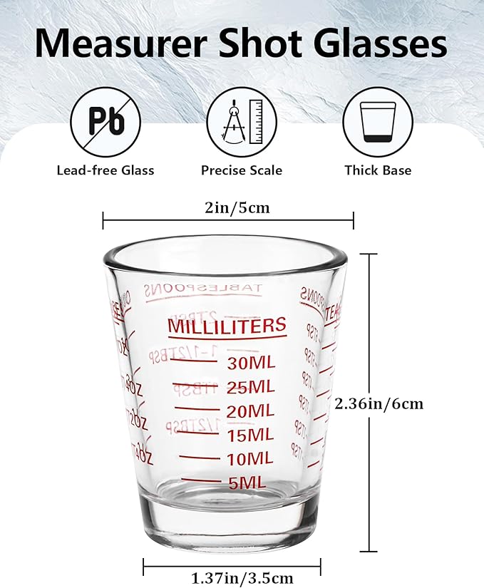 Shot Glass Measuring Cup Set, 2 Pack Espresso Shot Glasses (RED&Black) | Glass measuring cups feature 26 markings up to 1 OZ, 2 TBS, 6 TSP, 30 ML for espresso, liquor, medicine and recipes