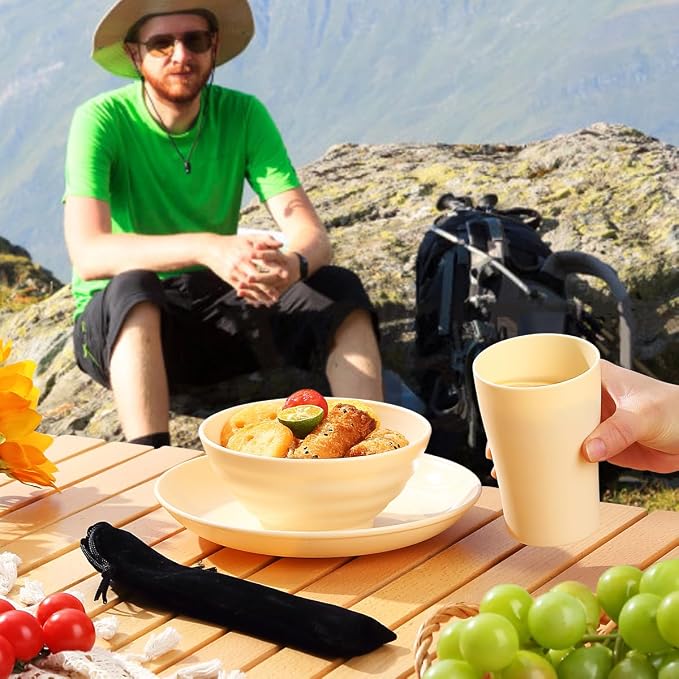 Kyraton Camping Utensils - Travel & Picnic Mess Kit, Silverware Set Includes Knife, Spoon, Fork, Cup, Bowl, Plate - Camping Essentials for 2