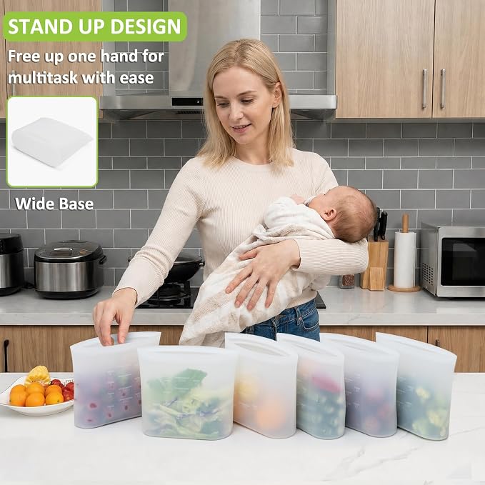 100% Silicone Reusable Storage Bag Quart Size, 9 Pack Stand-Up Wide-Mouth Zip-Lock Food Storage Bags, Easy-Fill Easy-Open Easy-Clean Space-Saving, Microwave & Dishwasher Safe, 34oz, Translucent