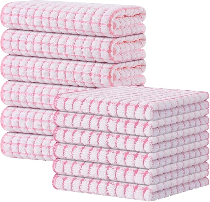 Kitinjoy Cotton 12 Pack Kitchen Towels and Dishcloths Sets, Pink | 16 x 25 Inch & 12 X 12 Inch Dish Towels Bulk, Super Soft and Absorbent hand towels for kitchen Drying
