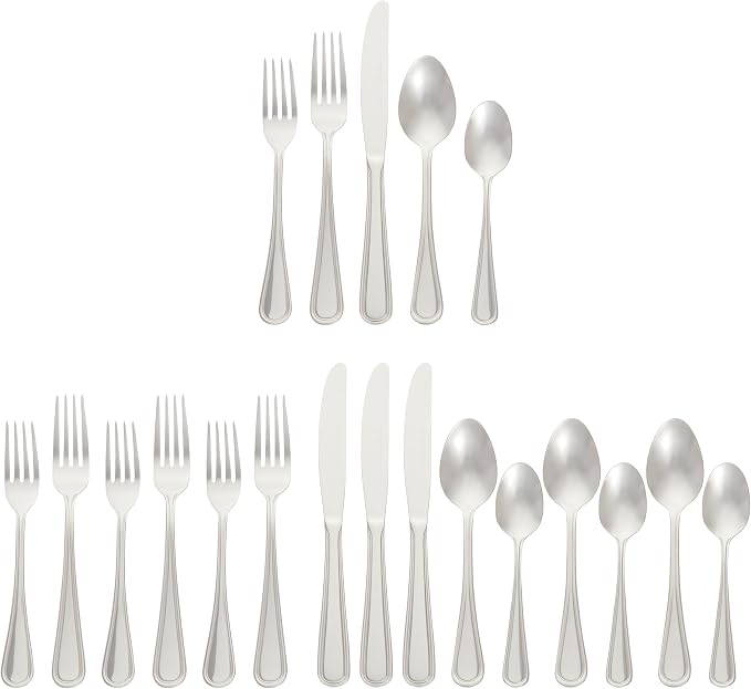 Amazon Basics Silverware Set, Stainless Steel Flatware, Dishwasher Safe, Service for 4, 20-Piece Forks and Spoons, Crown Edge, Everyday Use