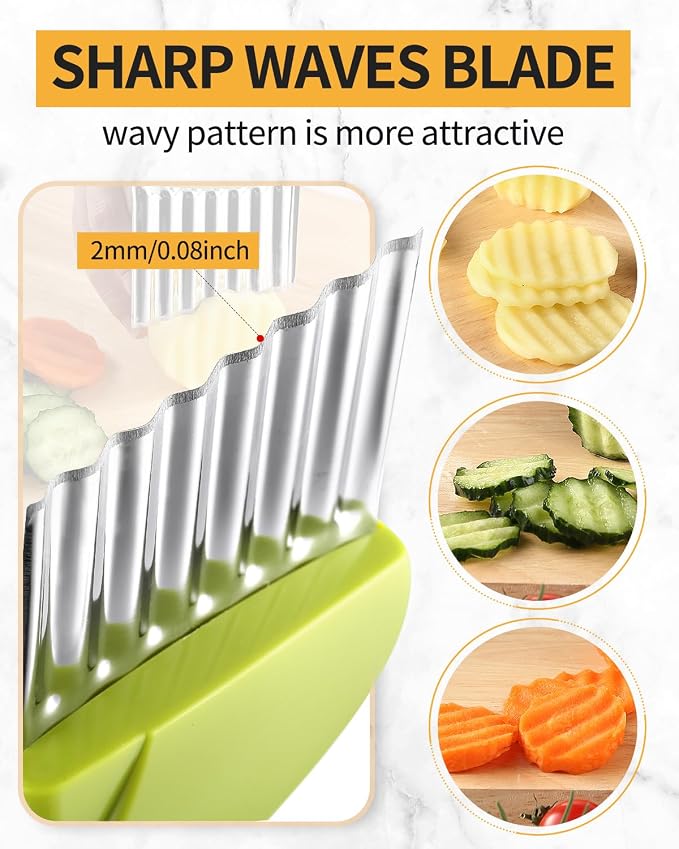 Crinkle Cutter Stainless Steel Potato Slicer Heavy Duty Wavy Crinkle Cutting Chopping Tools with Wooden Handle for Carrot Veggies (2, Green)