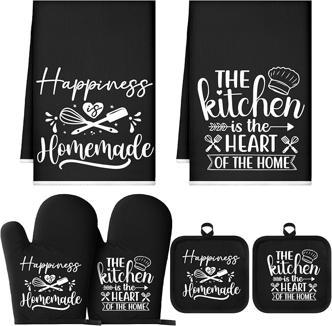 Sratte 6 Pcs Kitchen Decor Accessories Set, Kitchen, Black | Farmhouse Kitchen Towels Pot Holders Oven Mitts Set 2 Dish Towels 2 Potholders 2 Cooking Mittens for Baking Cooking Supply