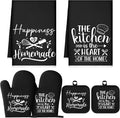 Sratte 6 Pcs Kitchen Decor Accessories Set, Kitchen, Black | Farmhouse Kitchen Towels Pot Holders Oven Mitts Set 2 Dish Towels 2 Potholders 2 Cooking Mittens for Baking Cooking Supply