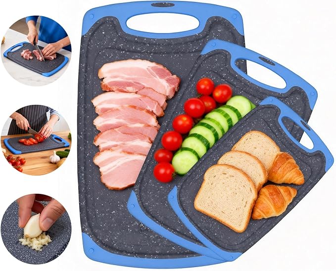 Viretang Non Slip Cutting Board Set For Kitchen, 3 Pieces, Dishwasher Safe | Blue Plastic Chopping Boards with Juice Grooves, Easy Grip Handle,Grinding Area for Grinding Garlic and Ginger,Non BPA