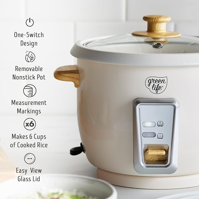 GreenLife Rice Cooker with Removable PFAS-Free Ceramic Nonstick Pot, 3-Cups Uncooked/6-Cups Cooked, Grains & Oatmeal Multicooker, Compact One-Switch Design, Auto Keep Warm, Easy Clean, Cream