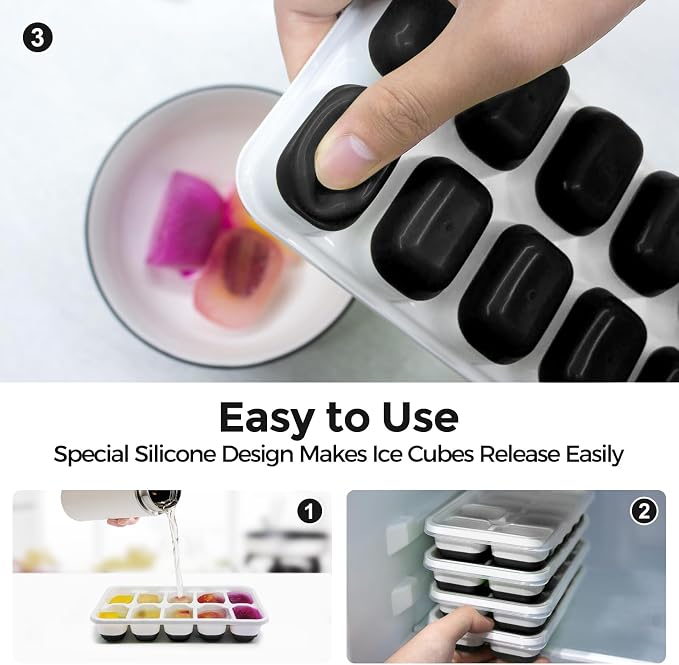 DOQAUS Ice Cube Tray with Lids, 4 Pack Silicone Ice Trays for Freezer | Stackable BPA & LFGB Safe, Easy Release for Kitchen, RV, Cocktail, Coffee, Soup & Food
