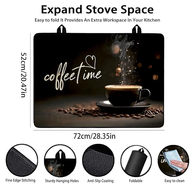 Electric Stove Top Cover for Glass Top, Coffee Time Cafe Decor – Heat Resistant Flat Stove Top Covers, Decorative Scratch Protector Mat for Glass Ceramic Cooktop, Non-Slip, 28"x20"