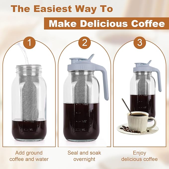 Cold Brew Coffee Maker, 64 oz Mason Jar Pitcher with Stainless Steel Filter, Pour Spout Handle Lid, Heavy Duty Glass Airtight & Leak-Proof for Iced Coffee,Tea & Lemonade