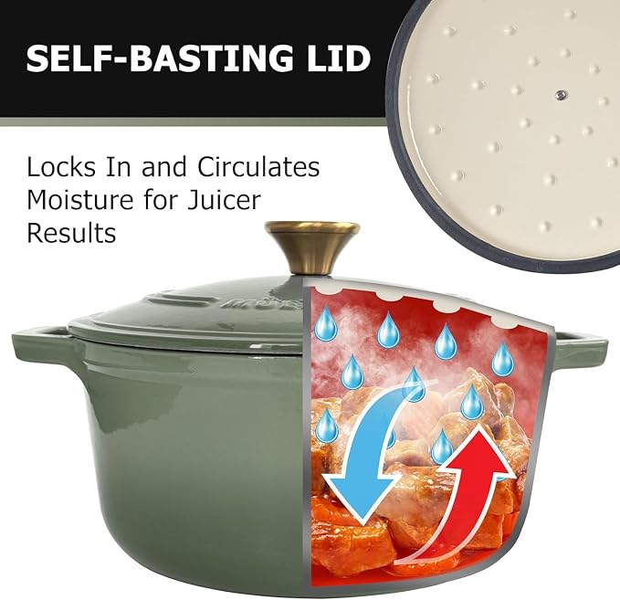MUELLER HOME 4.5 Quart Enameled Cast Iron Dutch Oven For Sourdough Bread Baking, Heavy-Duty, Oven-Safe up to 500° F & Across All Cooktops, Casserole Dishes, Green Kitchen Accessories, Thyme Green | For Sourdough Bread Baking, Heavy-Duty, Oven-Safe up t...