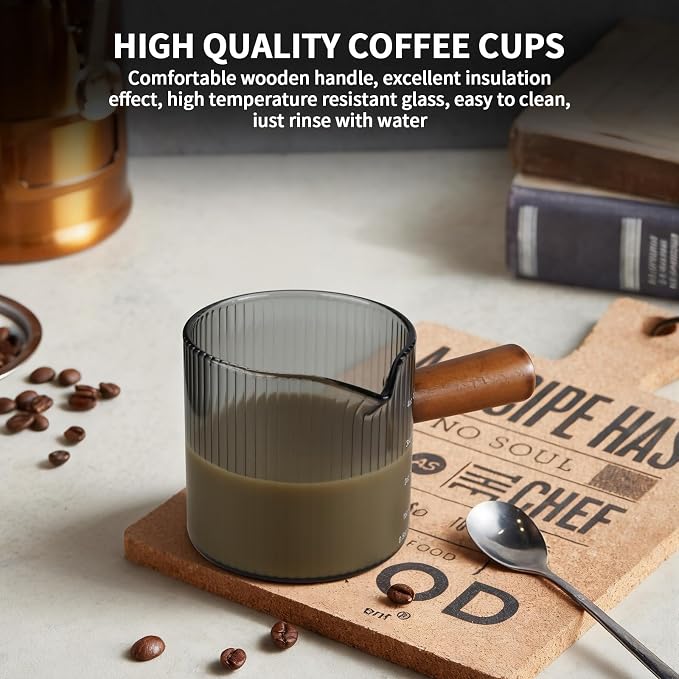Espresso Measuring Cup 4 Oz, Espresso Glass Cups with Wood Handle, Milk Frothing Cup, Espresso Cup for Coffee, Milk, Tea or Maple Syrup Serving (Gray, 4 oz)