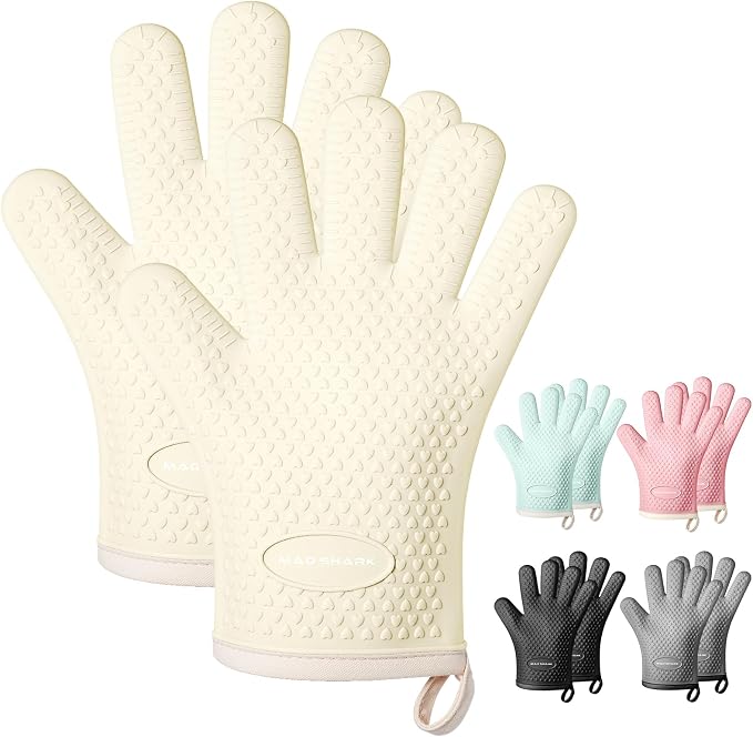 MAD SHARK Silicone Oven Mitts with Fingers Heat Resistant 450°F in Kitchen | Waterproof & Non-Slip Oven Gloves,Cotton Lined Silicone Kitchen Mitts for Baking Cooking Barbecue,Women (White)