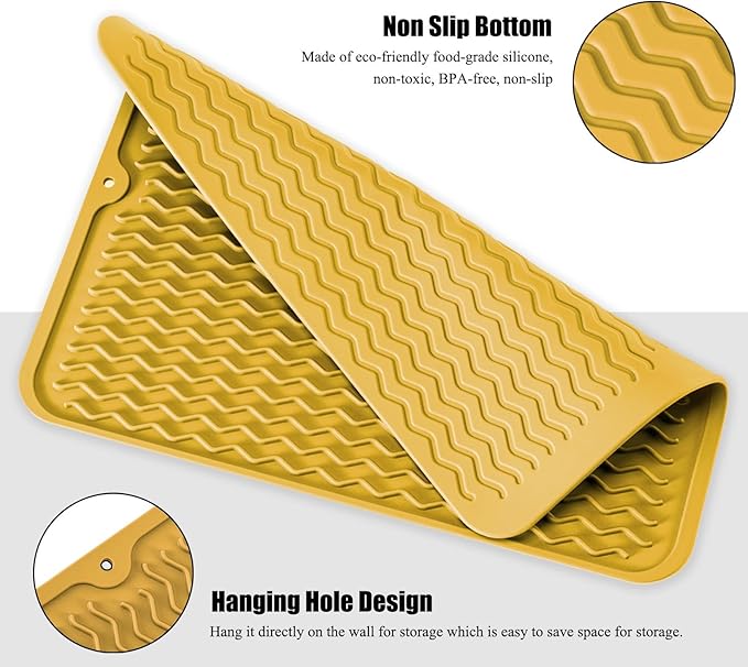 Silicone Dish Drying Mat, Non-Slip Easy Clean Sink Mat, Yellow, 18" x 16" | Quick-Dry Ridges, Large Heat-resistant Dish Drainer Mat for Kitchen Counter, Hangable & Roll-Up for Storage, Dishwasher Safe