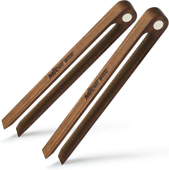 Magnetic Dark Wood Toaster Tongs, Set of 2 – 8.7-Inch Kitchen Tongs for Toast, Bagels, Bacon, Muffins & BBQ | Non-Toxic, Glue-Free Hardwood with Magnetic Storage Holder