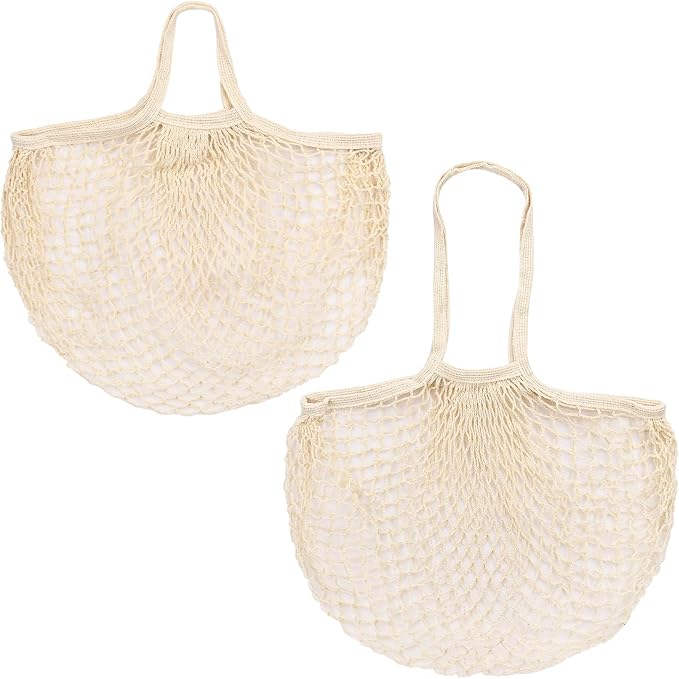 M METERXITY 2-Pack Cotton Mesh Bag, Reusable Washable Mesh Net String Grocery Bags, Reusable Produce Bags with Handle, Net Tote Bag for Fruits/Vegetables Shopping [Cream, Long&Short Handle]