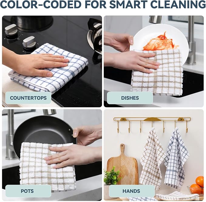 Egles 12 Packs Kitchen Dishcloths, 12" x 12" 100% Cotton | with Hanging Loop, Soft and Absorbent Terry Dish Cloths, Quick Drying Grid Dish Towel Set