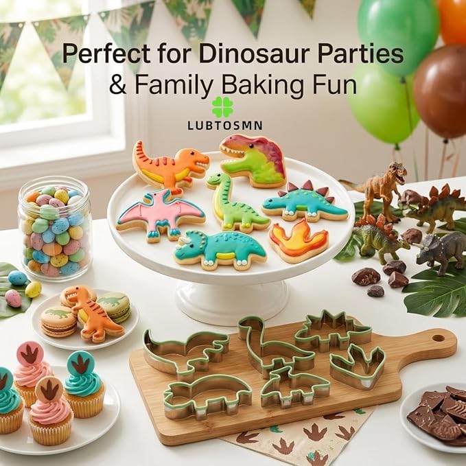 LUBTOSMN 7 Piece Dinosaur Cookie Cutters Set, Silicone Rim Baking Set | Dishwasher-safe stainless steel cutters for cookies, fondant, sandwiches, dinosaur parties and home baking treats