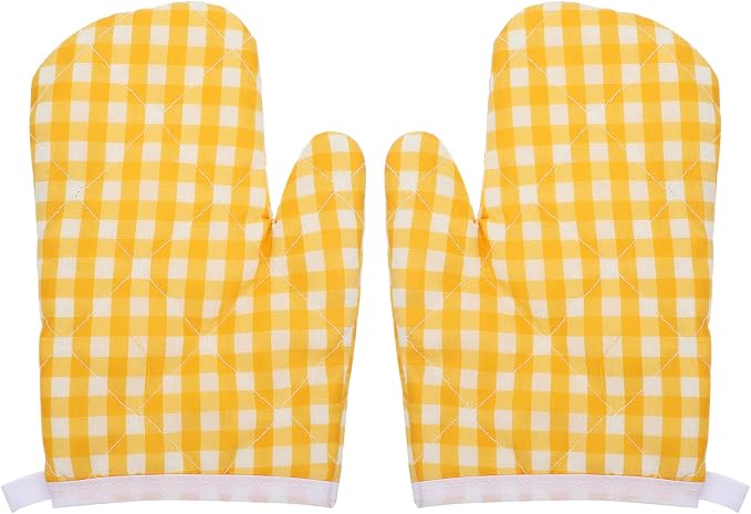 2Pcs Oven Mitts for Play Kitchen, Anti- Scald Gloves Microwave Oven Gloves Kitchen Mitts for Safe Baking Cooking (Yellow Checkered)