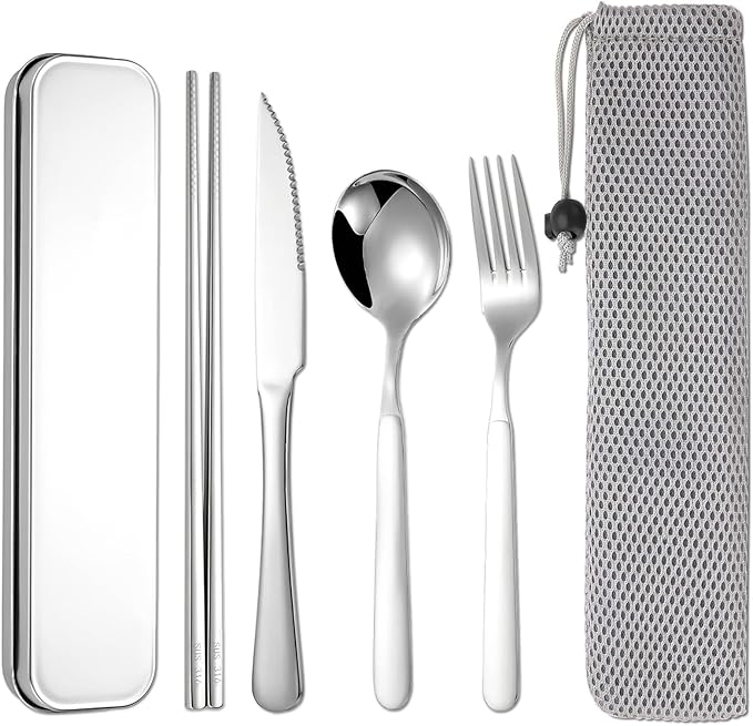 316 Stainless Steel Travel Utensils Set with Case - Food Grade Reusable Cutlery for Work, Camping, Picnic, Lunch Box - Include Fork, Knife, Spoon, Chopsticks