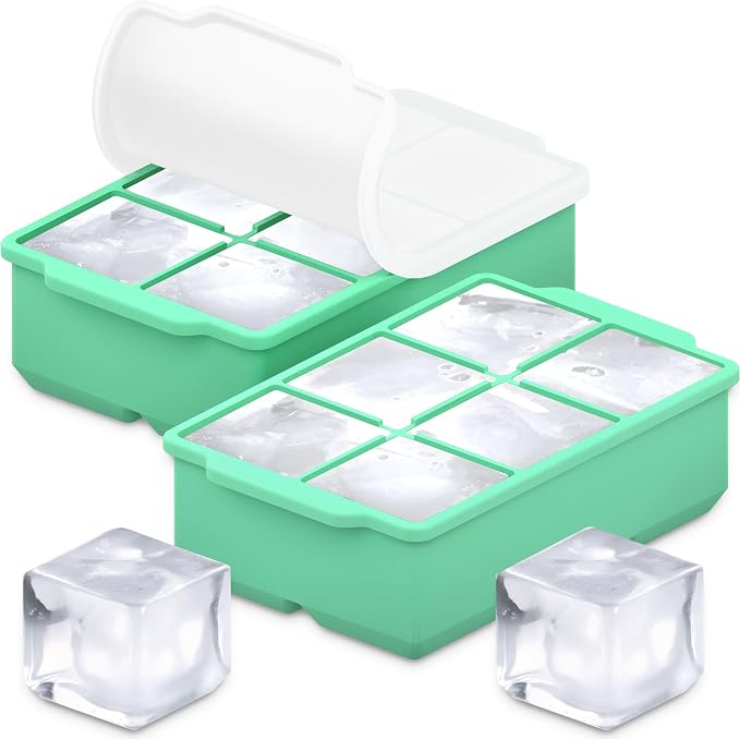 KitchFort® Large Silicone Ice Cube Tray (2-Pack) - 2" Big Ice Mold with Lid | Easy Release, Cocktail, Whiskey Ice Cubes Mold - Food Grade - Ice Cube Trays for Freezer - Stackable Silicone Ice Tray