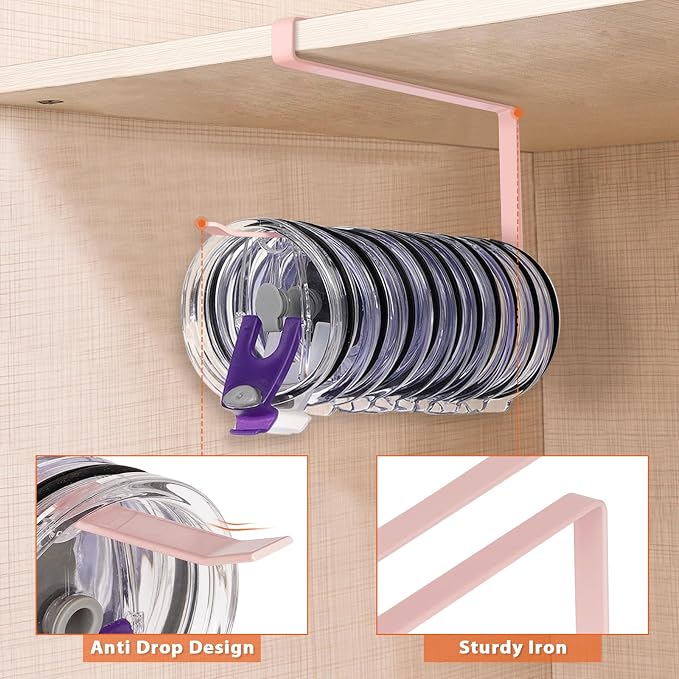 2 Pack Tumbler Lid Organizer, Versatile Tumbler Storage Holds 20 Lids Pink | Space Saving Cup Lid Organizers Inside Cabinet Tumbler Lid Hook for Kitchen Organizer and Storage, Paper Towel Rack Hanger