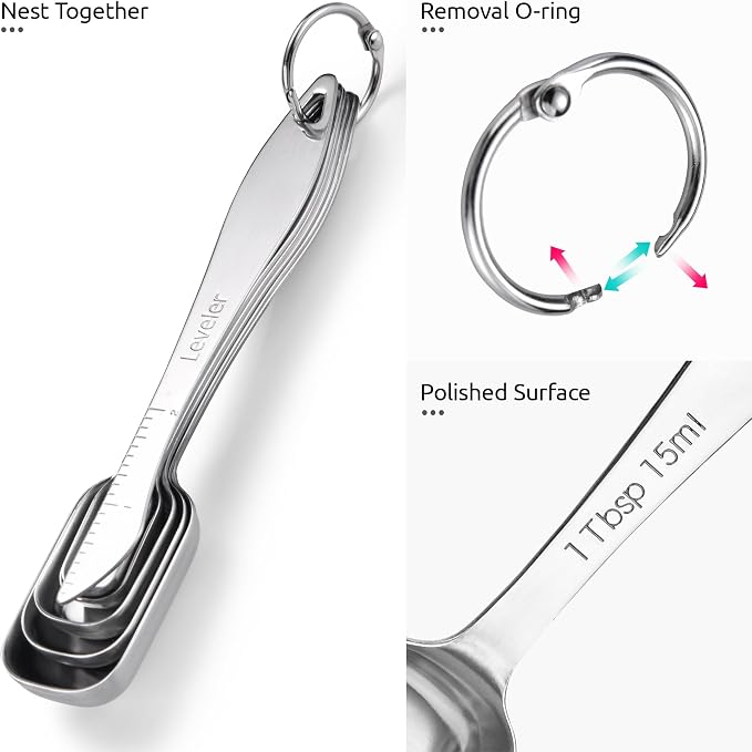 U-Taste Narrow Square Measuring Spoons, Metal Measure Set of 6 with Leveler | Long Handle Rectangular Teaspoon Tablespoon, 18/8 Stainless Steel Polygons Measure Spoon Set, Narrow Scoop for Spice Jars
