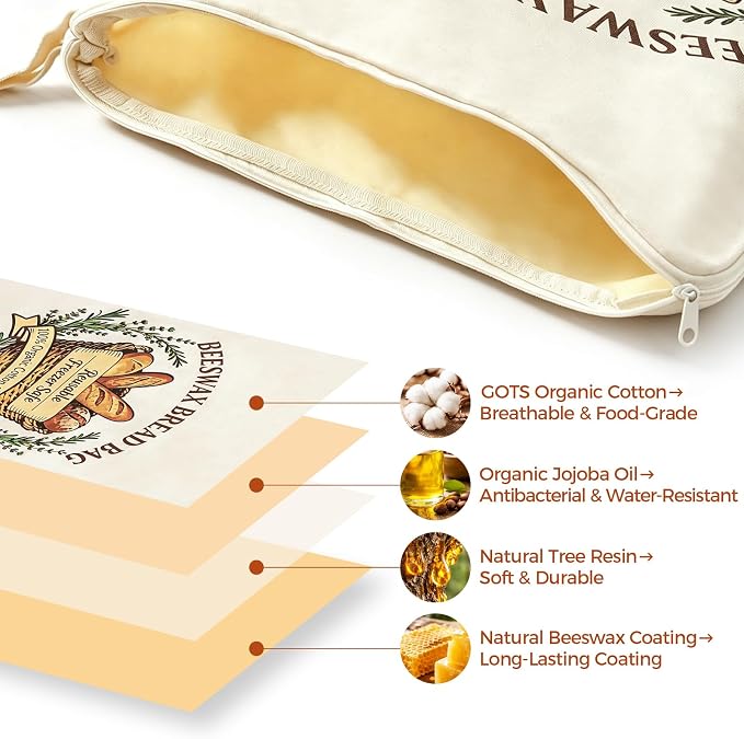 Beeswax Zipper Bread Bags XL Reusable 2 Packs With 1 Cover & 6 Paper Tags | Beeswax Bread Bags with Zipper Seal – Extra Large 13"x17", Reusable, Breathable Cotton Linen Sourdough Bags