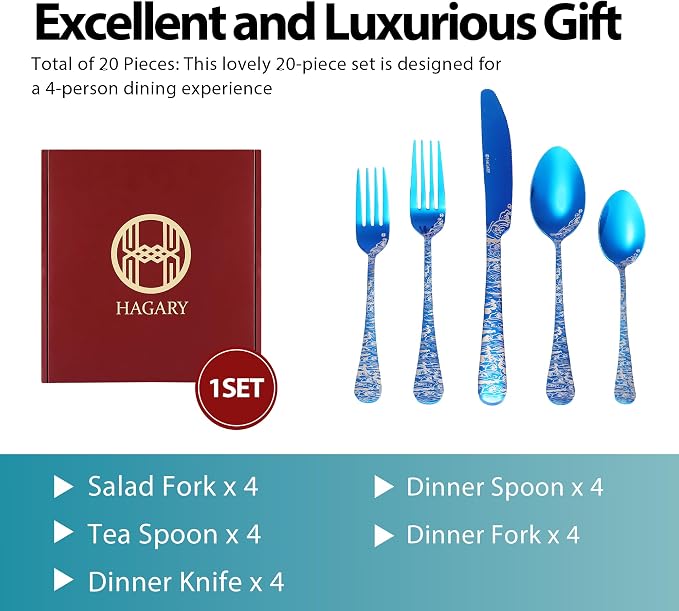 Wave Cutlery Set 20 Pieces Stainless Steel Flatware Set (All Blue) | Service for 4 Utensils For Home Kitchen Wedding Laser Engraved Dishwasher Safe