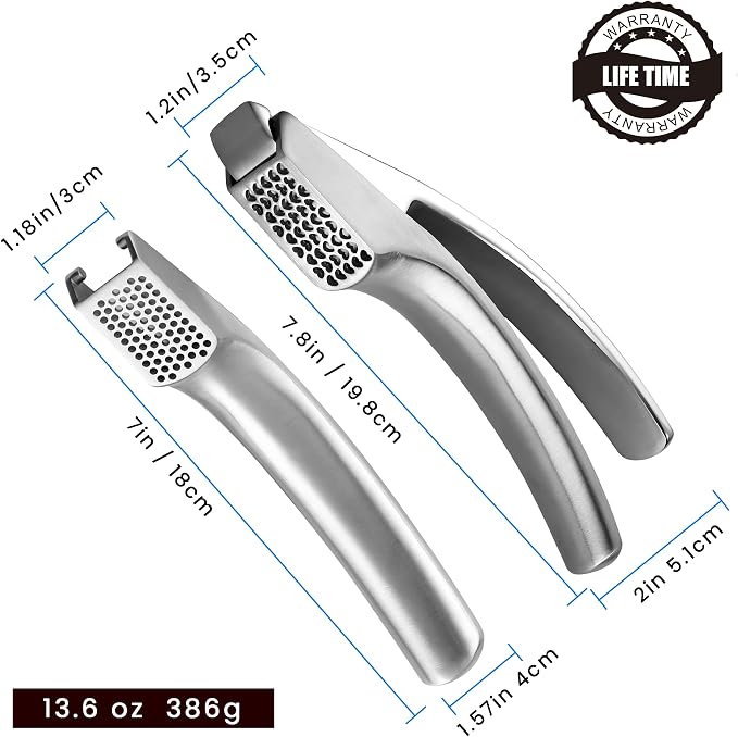 Gourmet Easy Lifetime Replace Garlic Press, No Need to Peel, Fine & Coarse | Detachable Design for Easy Cleaning, Ergonomic Handle for Effortless Press, Stainless Steel Rust-Resistant, Dishwasher Safe