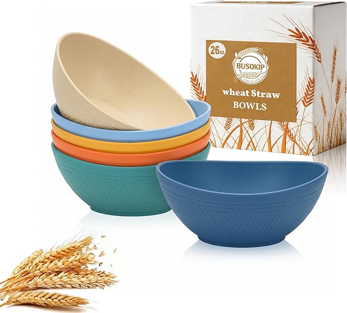 Wheat Straw Bowls 26oz, Unbreakable Ramen Bowl Set of 6, Oval Plastic Bowls for Salad, Pho, Cereal, Microwave & Dishwasher Safe Soup Bowl for Kitchen, Camping, RV, Party - Multi
