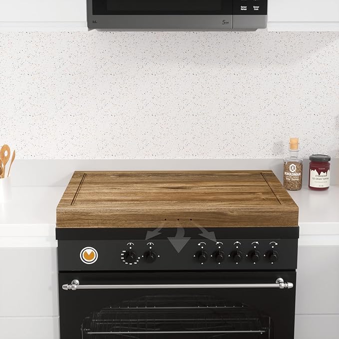 Buruis Acacia Wood Stove Cover for 28.82 x 20.83 Inch Gas & Electric Stoves | Noodle Board Design with Juice Groove, Extra Counter Space, Built-In Handles, Multi-Purpose Kitchen Serving Board