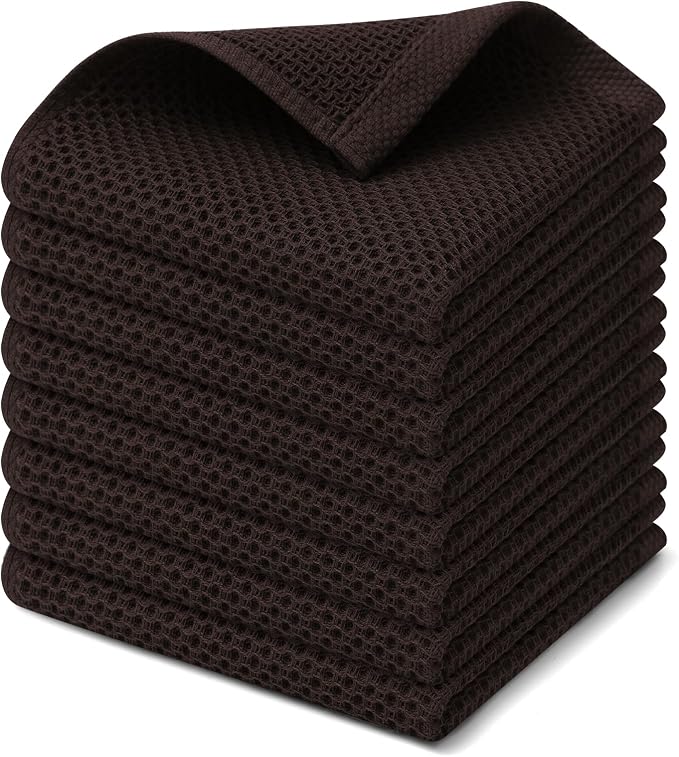 Kitinjoy 100% Cotton Waffle 8-Pack Kitchen Towels, 12" x 12", Dark Brown | Ultra Absorbent, Super Soft, lightweight, Quick Drying Dish Rags for Washing Dishes